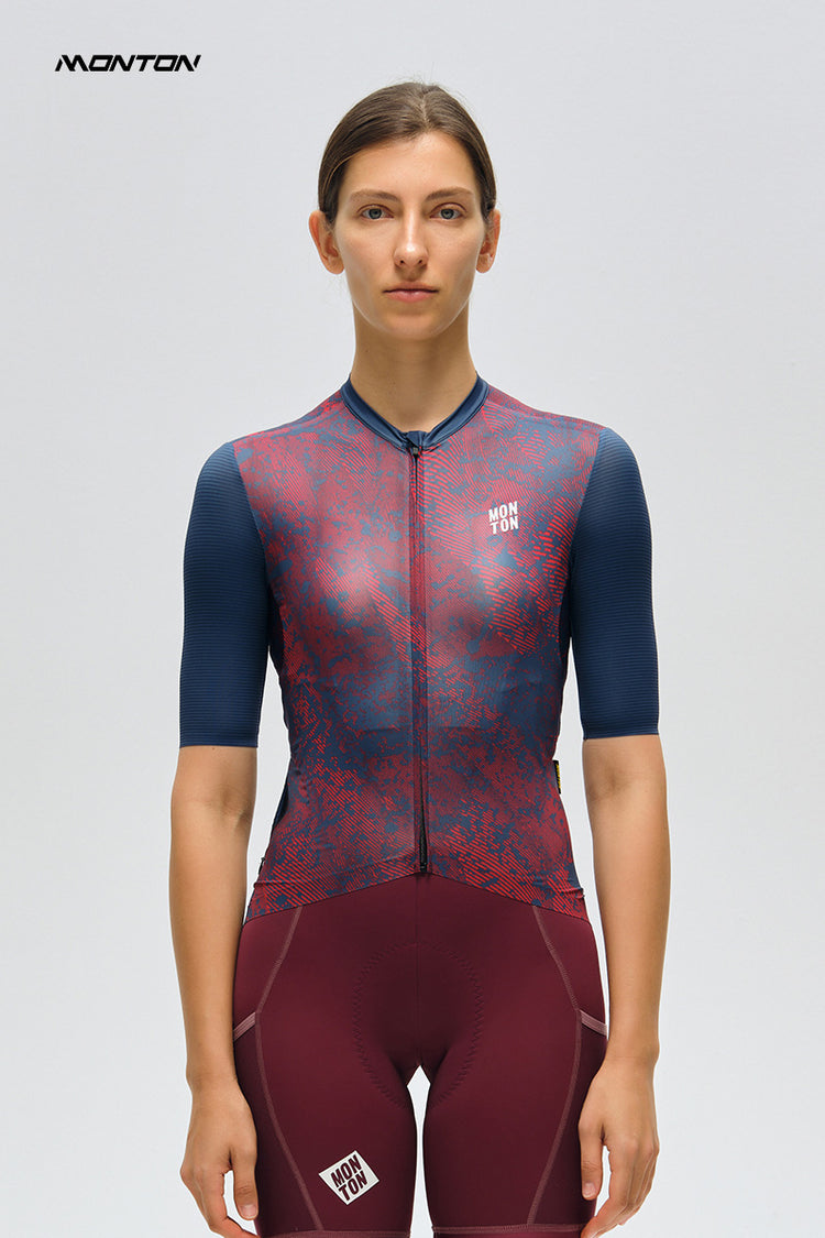 Women's Cycling Jersey Topography Crimson Navy